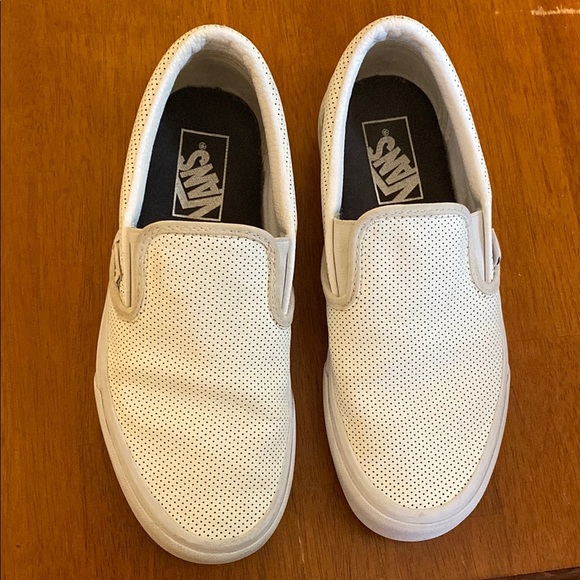 Vans Unisex Leather Like White Perforated Slip On Shoes Sneakers Skater - Picture 3 of 13